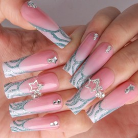 FIEONCIY Press on Nails Long Coffin Shaped Acrylic Glossy Full Cover Long Square French False Nails with Designs Artificial Extra Long Fake Nails with Charms Glue ons Fingernails for Women(YS572)