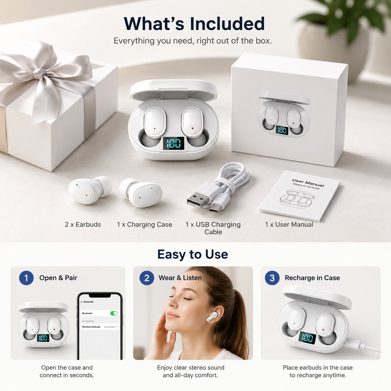 Wireless Bluetooth Earbuds for Calls & Music – TWS Earphones