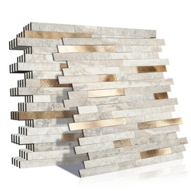 KASARO 6-Sheet Peel and Stick Backsplash Tiles for Kitchen, Marble Beige with Vintage Golden Embellished Stripes, Self-Adhesive Aluminum Wall Tile Stick on Bathroom, Fireplace, RV