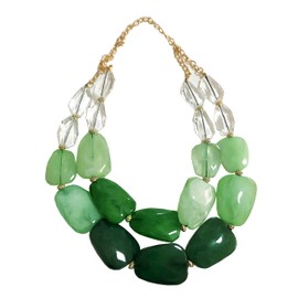 Secret for Longevity Double Strand Multi Greens Emerald Jade Malachite Colored Resin Stone Big Chunky Collar Statement Necklace