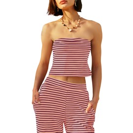 Panadila Womens Striped Two Piece Sets Summer Lounge Outfits Sailor Tube Top and Pants Matching Set Beach Vacation Travel Y2k (Dusty Pink Combo,M)