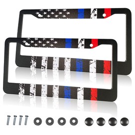 American Flag License Plate Frames 2 Holes Patriotic License Plate Frame Holder Cover Black Metal Aluminum Car Tag Holder, USA Canada Vehicle Standard (Set of 2, 12.3" x 6.3")