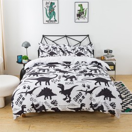 lishjekee 3Pieces Black White Dinosaur Duvet Cover Twin Kids Dinosaur Bedding Set for Boys Jungle Dino Comforter Cover T-Rex Dinos Quilt Cover with Zipper Closure and Ties,2 Pillowcases No Comforter