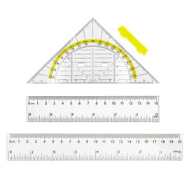 1 x Set Square 2 x Rulers - 3-Piece Drawing Set, Ruler 15 & 20 cm, Set Square [Includes Protractor] with Handle, Ideal for Drawing, Cartographing, Modelling