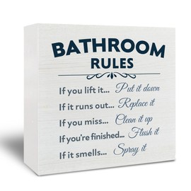 Kneaotoaji Funny Wooden Box Signs for Bathroom - Toilet and Restroom Decor for Shelves, Table, Farmhouse Rules Signs, 5x5 Inch, Blue
