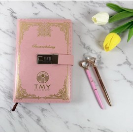 TMY Pink Lock Diary with Combination Lock – A5 Retro Journal for Girls, 200 Pages, Bundle with 2 Cute Pens (Heart & Diamond Top), Secret Notebook for Writing, Gift for Teens & Women