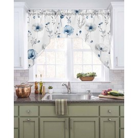 YOKOU Swag Curtain Valance, Poppy Flower Blue Gray Rod Pocket Window Curtain for Kitchen Bedroom Bathroom, 1 Pieces 56"x36" Summer Spring Leaf