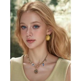 CVSQXPL Charm Necklace for Women Gold Evil Eye Sun Moon Flower Coin Pendant Necklace Dainty Paperclip Chain Vintage Luck Amulet Choker Necklaces Celestial Jewelry（paper clip）