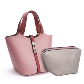 Kadynow Top Handle Bag for Women Vegan Leather Bucket Bag for Women Shoulder Purse Satchel with Detachable Small Purse Pastel Pink