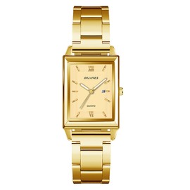 JewelryWe Damenuhr Rechteckige Uhr Damen: Klassische Datum Kalender Analog Quarz Armbanduhr Frauen Gold Metallarmband Geschäft Lässige Uhr mit Römischen Ziffern Eckigem Zifferblatt