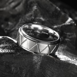 King Will Tungsten Carbide Ring for Men, 8mm Mens Wedding Band with Triangles Grooves Silver Brushed, Comfort fit, Size 10
