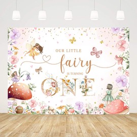 AIBIIN 7x5ft Fairy 1st Birthday Backdrop for Girl Our Little Fairy is Turning One Photography Background Purple Pink Floral Gold Glitter First Birthday Party Decoration Banner Photo Booth Studio