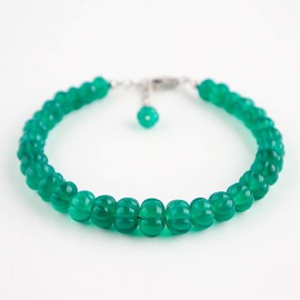 Carved Flower Green Onyx Quartz Gemstone Full Beads Dainty Crystals Bracelets Jewellery for Women, Chakra Healing May Birthstone, Gift for Her, Rhodium Plated 925 Sterling Silver Chain 20 cm