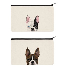 WIRESTER Set Of 2 Canvas Zipper Makeup Bag, Cosmetic Pouch, Organizer Case for Women Girl, Multi-Purpose Travel Cosmetic Bag - Boston Terrier Brindle Dog & Boston Terrier Eyepatch Dog