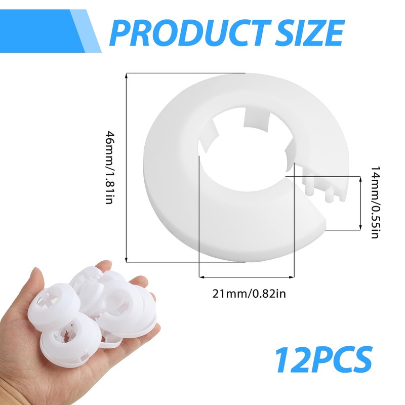 12-Pack White Plastic Radiator Pipe Covers, Durable PVC Pipe Collars,