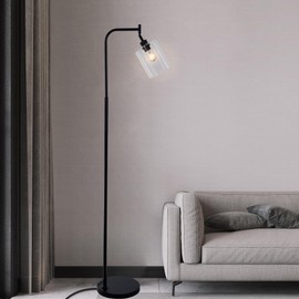 KPIBEST Industrial Floor Lamp, Modern Standing Lamps with Hanging Clear Glass Shade, Classic Reading Tall Pole Light for Living Room Bedroom, Black