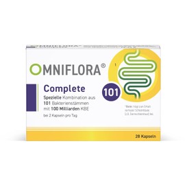 OMNIFLORA® Complete – Important: Highest Variety with 101 Bacterial Strains and 100 Billion CFU per Day – Supplemented by L-Glutamine, Biotin and Fibre (OpthiXOS®) – 28 Capsules