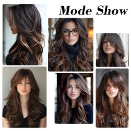 Long Brown Blonde Wigs for Women with Curtain Bangs 26inch Shake and Go Curtain Bang Wig,Skunk Middle Parting Synthetic Wavy Hair with Brown Highlight for Girls Daily Party Use