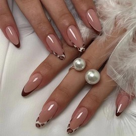 MERVF Almond Press on Nails Medium Fake Nails Burgundy Leopard Print French Tip Glue on Nails with Cheetah Design Fall Stiletto Acrylic False Nails Press ons Glossy 24pcs