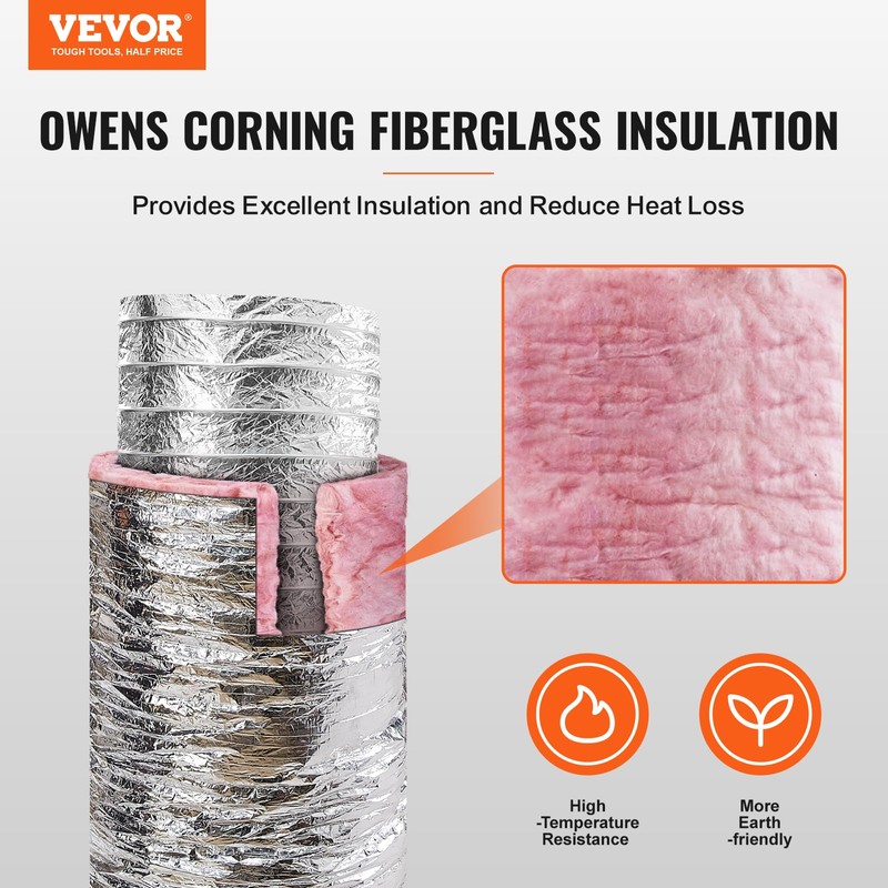 VEVOR 4 Inch Insulated Flexible Duct R-6.0，25 Feet Long with