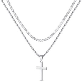 Men’s Stainless Steel Cross Pendant Necklace - Thick Silver Chain, Christian Symbol Jewelry, Layered Rope and Box Chain Set, Modern Rugged Accessories,Simple Jewelry Gifts Cross Necklace for Men.