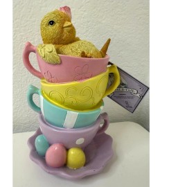 Tophat & Tail Easter Chick Inside Pastel Teacups Figurine Spring Tabletop Decor