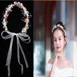 fjygwx13 Princess Vine Headband Pearl Hair Crown Boho Hair Side Floral Flower Headpiece Birthday Wedding Bridal Accessories Women Alloy (Pink)
