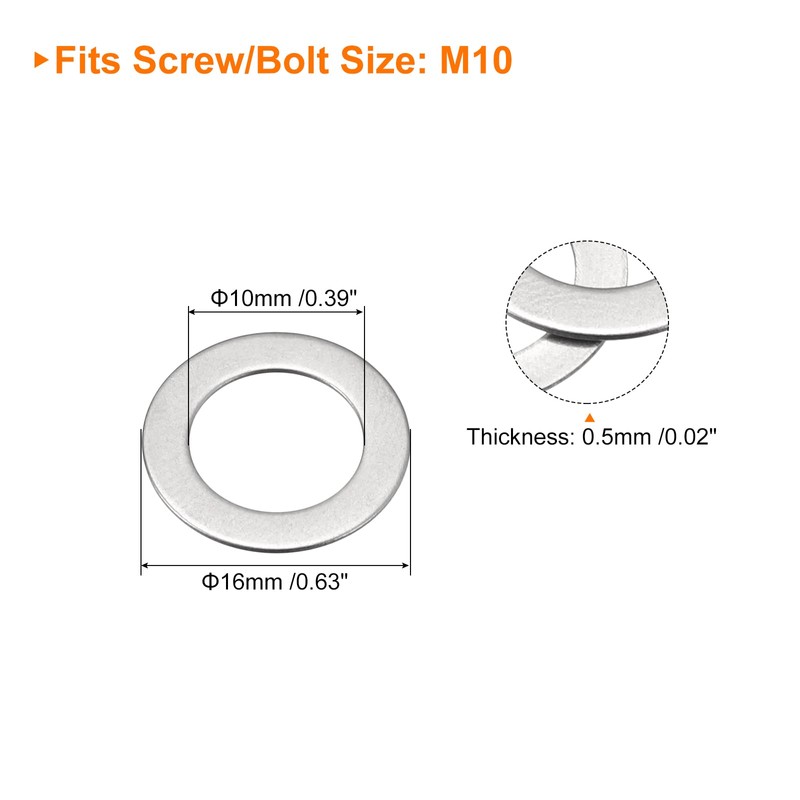 sourcing map M10 304 Stainless Steel Flat Washers, 50pcs 10x16x0.5mm