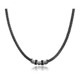 David Galvani Men's Necklace with Bead Pendant Stainless Steel Necklace for Men Stainless Steel Ball Leather Chain Braided Leather, Leather