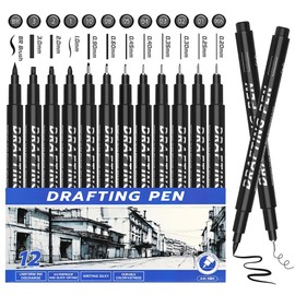scondou Set of 12 Fineliner Ink Pens, Micro Pens, Black, Various Nib Sizes, Waterproof Ink, Perfect for Drawing, Sketching, Writing, Journaling