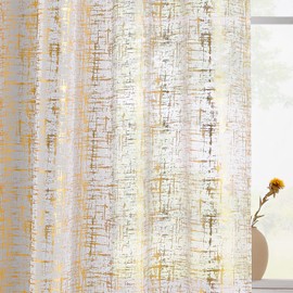 TERLYTEX White Gold Sheer Curtains 84 Inch Length, Metallic Gold Foil Cross Hatch Sparkle Sheer Curtains for Living Room, Rod Pocket Privacy Shimmer Curtains, 52 x 84 Inch, 2 Panels, Gold White