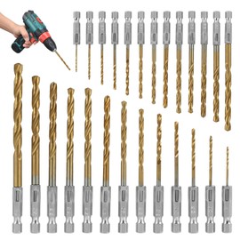 26 Piece Titanium Drill Bit Set with Quick Change Hex Shank 1.5-6.5mm HSS Drill Bit Titanium Coated for Wood, Quick Change Impact Control Plastic and Metal for DIY and Professionals