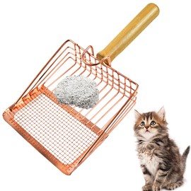 MUYG Cat Litter Scoop with Wood Handle,Fast Sifting Litter Scooper for Cats,Heavy Duty Kitty Metal Scooper,Rose Gold Two Mesh Deep Shovel for Litter Box