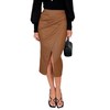 Womens Faux Leather Midi Skirt High Waisted Front Slit Ruched