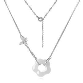 AMINKINA 14K Gold Jade Flower Necklace, Beautiful Butterfly Necklace, For Wife,Girlfriend's Valentine's Day,Birthday Gift (White Gold, 14K)