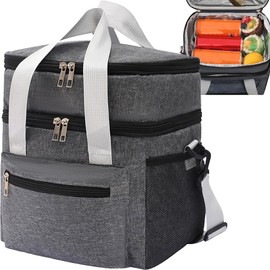 CXAFQ Grey Insulated Lunch Box, Thermos Cool Bag, Lunch Bags for Women, 24 * 17 * 27cm, Large Capacity, Double Layer, Insulation Cooling for 2-4 Hours, Suitable for Picnics, Travel, Work, School