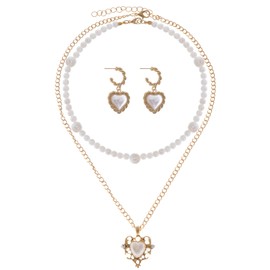 Miayon Heart Dangle Drop Earrings Gold Heart Shape Necklace with Pearl Choker Adjustable Valentines Day Jewelry Accessories for Women