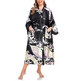 VOGMATE Kimono Bathrobe Women's Long Large Sizes Satin Dressing Gown Lightweight Japanese Plus Size Kimono Bathrobe Yukata, flowers black