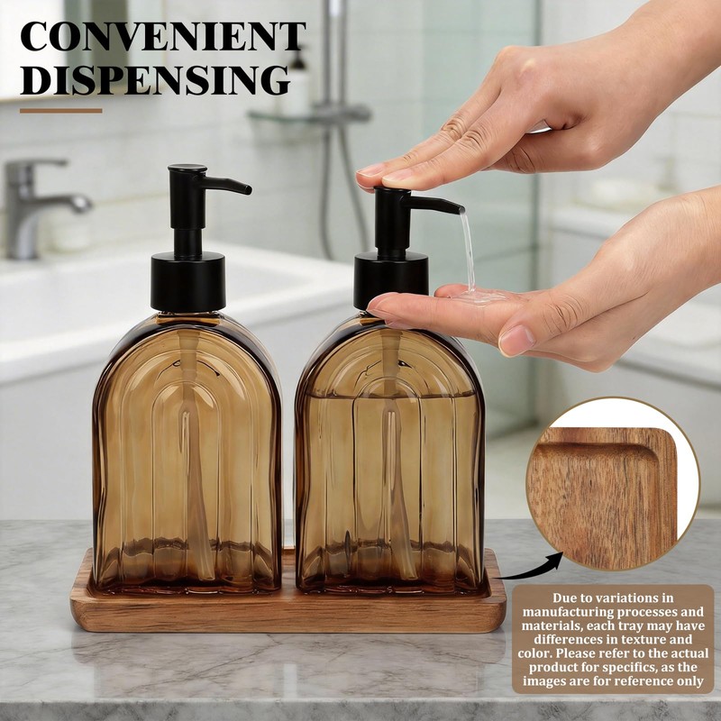 Glass Soap Dispenser Set with Wooden Tray, 13.5Oz Refillable Liquid