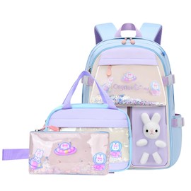VIDOSCLA 3Pcs Bunny Backpack Set for Girls Kawaii Girls Backpack for School Kids Backpack with Lunch Box Set-3Pcs Blue S