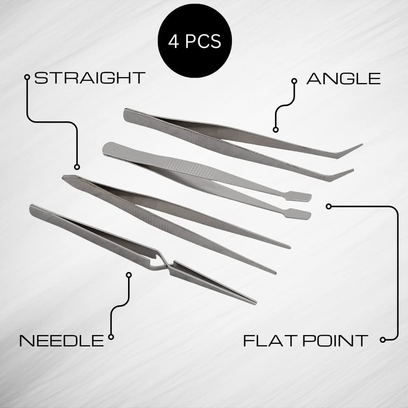 Invero® 4 Piece Stainless Steel Tweezer Set - Includes Needle,