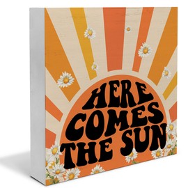 Summer Decor, Retro Daisy Summer Theme Here Comes The Sun Wooden Box Sign Rustic Farmhouse Wood Block Plaque Box Sign for Home Tiered Tray Office Desk Decor(5 x 5 Inches)