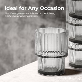 Libken Set of 6 Ribbed Glassware - Durable Ribbed Glasses with Scratch-Resistant Design - Dishwasher Safe Vintage Glass Cups - Perfect for Elegant Occasion, Weddings, Parties, Birthdays