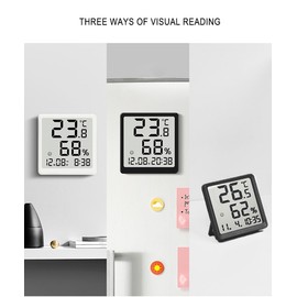 ThreeH Slim Digital Thermohygrometer & Clock with Magnetic Back for Home, Office, Black