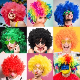PLULON 4 Pack Colored Afro Wig with Heart Sunglasses and Hair Caps for Women Men Funny Curly Afro Wigs Disco Hippie Party Hairpieces for Halloween Costume Cosplay Party Carnival Music Festival Decor