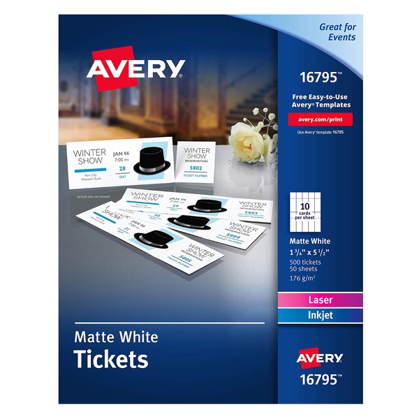 Avery Matte White Printable Tickets with Tear-Away Stubs, 1-3/4 x 5-1/2, Pack of 500 (16795)