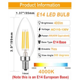 Lamsky E14 LED Bulb Dimmable,110V 400LM 40W Equivalent Neutral White 4000K,E14 European Base Candelabra Bulbs,C35 Clear Vintage Torpedo Shape Bulb for Chandeliers,Pendant,Ceiling Fan(6-Pack)