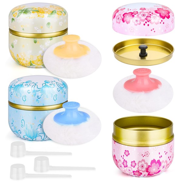3 Pieces Body Powder Puff and Container, Baby Powder Container Floral Pattern with Large Fluffy Plush Puff Spoon, Baby Woman Loose Dusting Powder Tea Box for Home & Travel Use (Pink, Blue and Yellow)