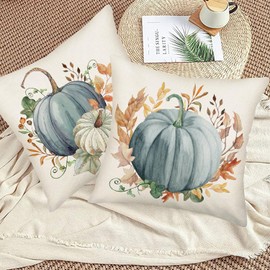 Easternproject Set of 2 Fall Pumpkin Decorative Pillow Covers Autumn Farmhouse Cotton Linen Farm Fresh Pumpkin Blue Maple Leaf Decorative Thanksgiving Throw Pillow Case Cushion Cover 20"x20"