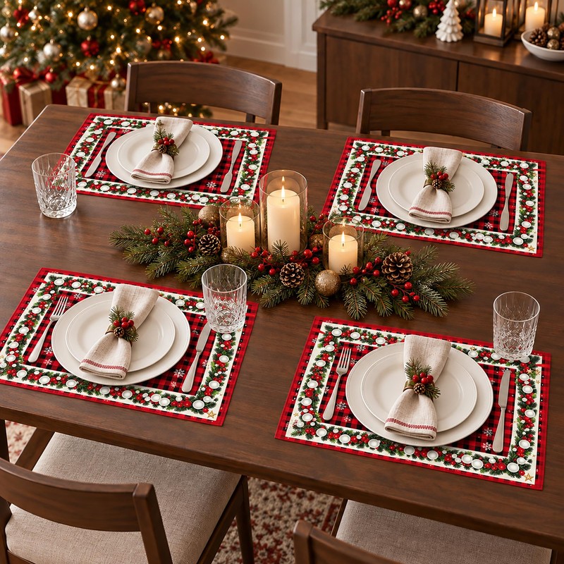 Christmas Trees Placemats Set of 4, 12x18 Inch Grid Christmas